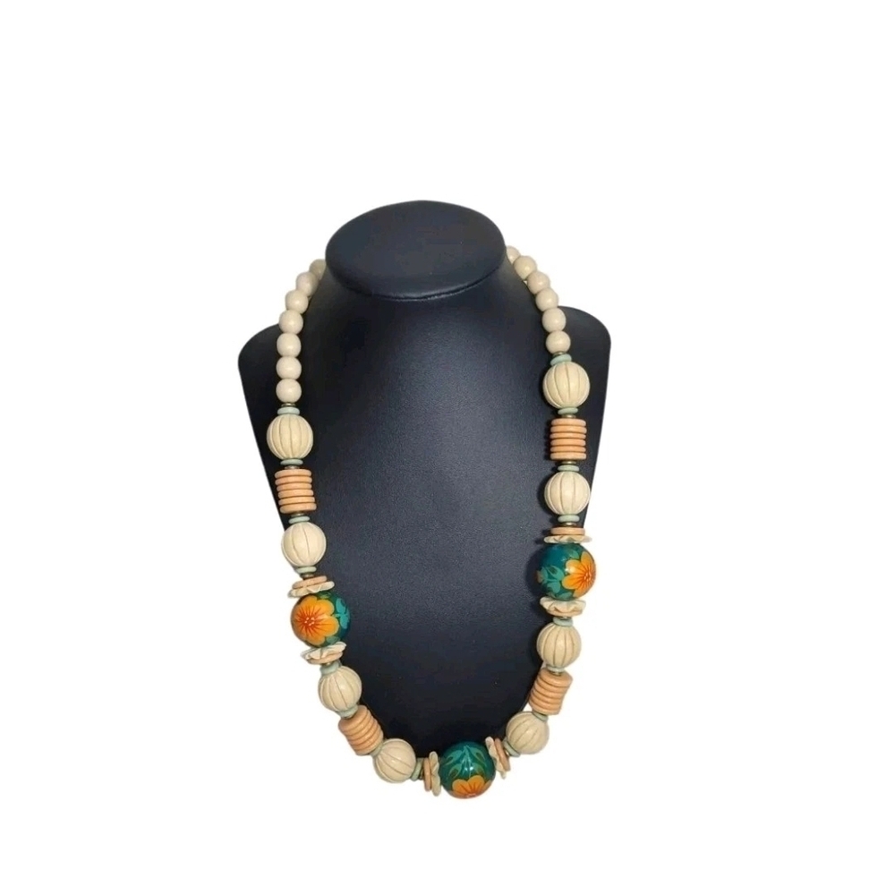 Vintage Ethnic Boho Tribal Wood Beads Necklace Handpainted Jewelry